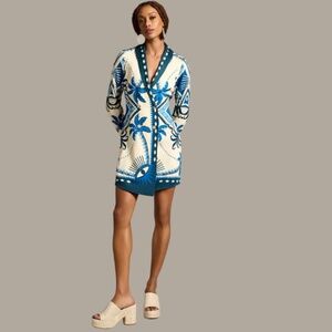 FARM RIO Long-Sleeve Blue & Cream Blazer Dress